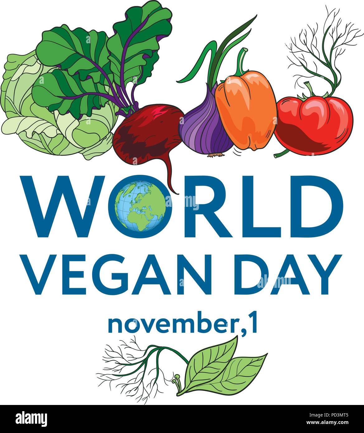 Mondo Vegan giorno. Illustrazione Vettoriale di uno sfondo con verdure, compreso il pomodoro, la carota e il pepe, la cipolla, l'aneto, barbabietole, la foglia di alloro Illustrazione Vettoriale