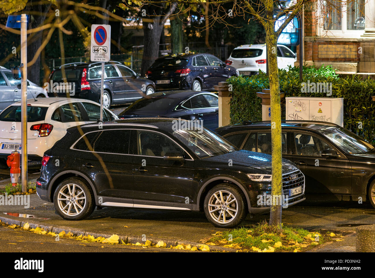 Le auto parcheggiate sul marciapiede di notte, Strasburgo, Alsazia, Francia, Europa Foto Stock
