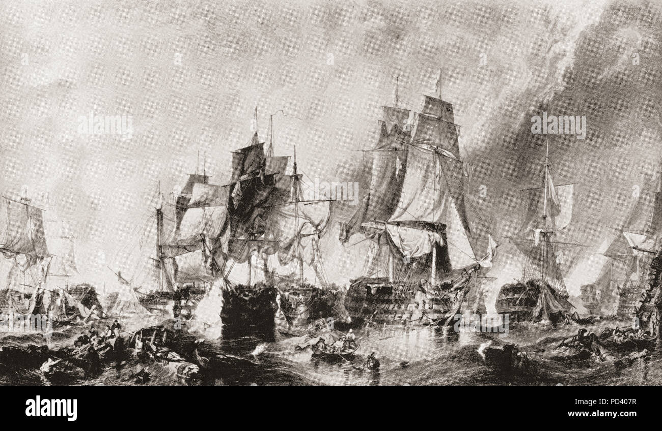 La Battaglia di Trafalgar,21 ottobre 1805, Capo Trafalgar, Spagna. Dal libro di navi, pubblicato c.1920. Foto Stock