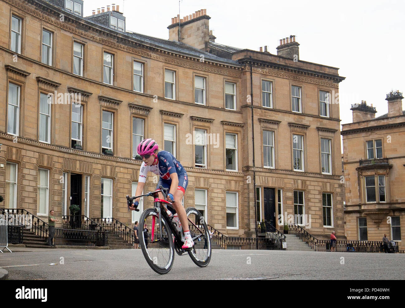 Gran Bretagna Sophie Wright durante il giorno quattro del 2018 Campionati Europei presso la Glasgow Ciclismo Road Race Course. Stampa foto di associazione. Picture Data: domenica 5 agosto 2018. Vedere PA storia ciclismo europeo. Foto di credito dovrebbe leggere: Jane Barlow/filo PA. Restrizioni: solo uso editoriale, nessun uso commerciale senza previa autorizzazione Foto Stock