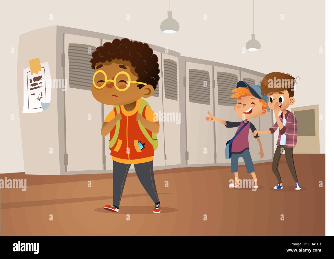 Triste sovrappeso ragazzo afro-americano che indossano occhiali andando a scuola. I ragazzi della scuola e gill ridendo e indicando il ragazzo obesi. Corpo svergognare, grasso svergognare. Bulling a scuola. Illustrazione Vettoriale Illustrazione Vettoriale