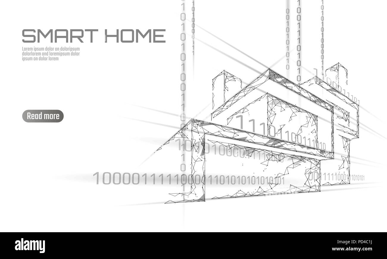Smart house il codice binario a bassa poli concetto. Online le informazioni di controllo analisi. Internet delle cose technology home automation system. White progetto triangolo poligonale illustrazione vettoriale banner Illustrazione Vettoriale