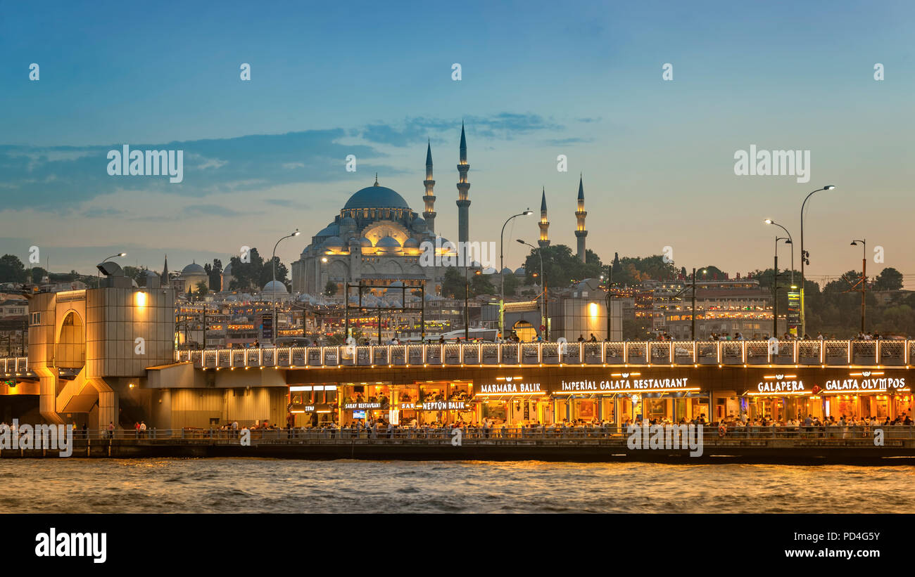 Il Ponte di Galata e Moschea Suleymaniye, Istanbul, Turchia Foto Stock