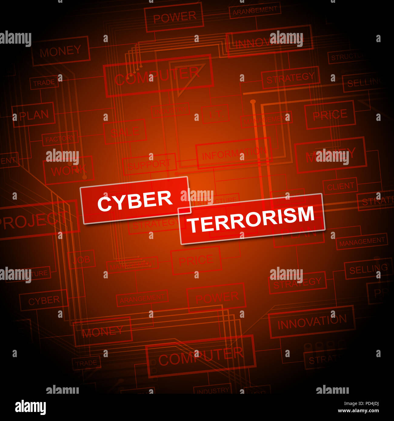 Cyber terrorismo Online criminalità terroristica 2d illustrazione mostra gli estremisti criminale in una guerra virtuale utilizzando di spionaggio e di estorsione Foto Stock