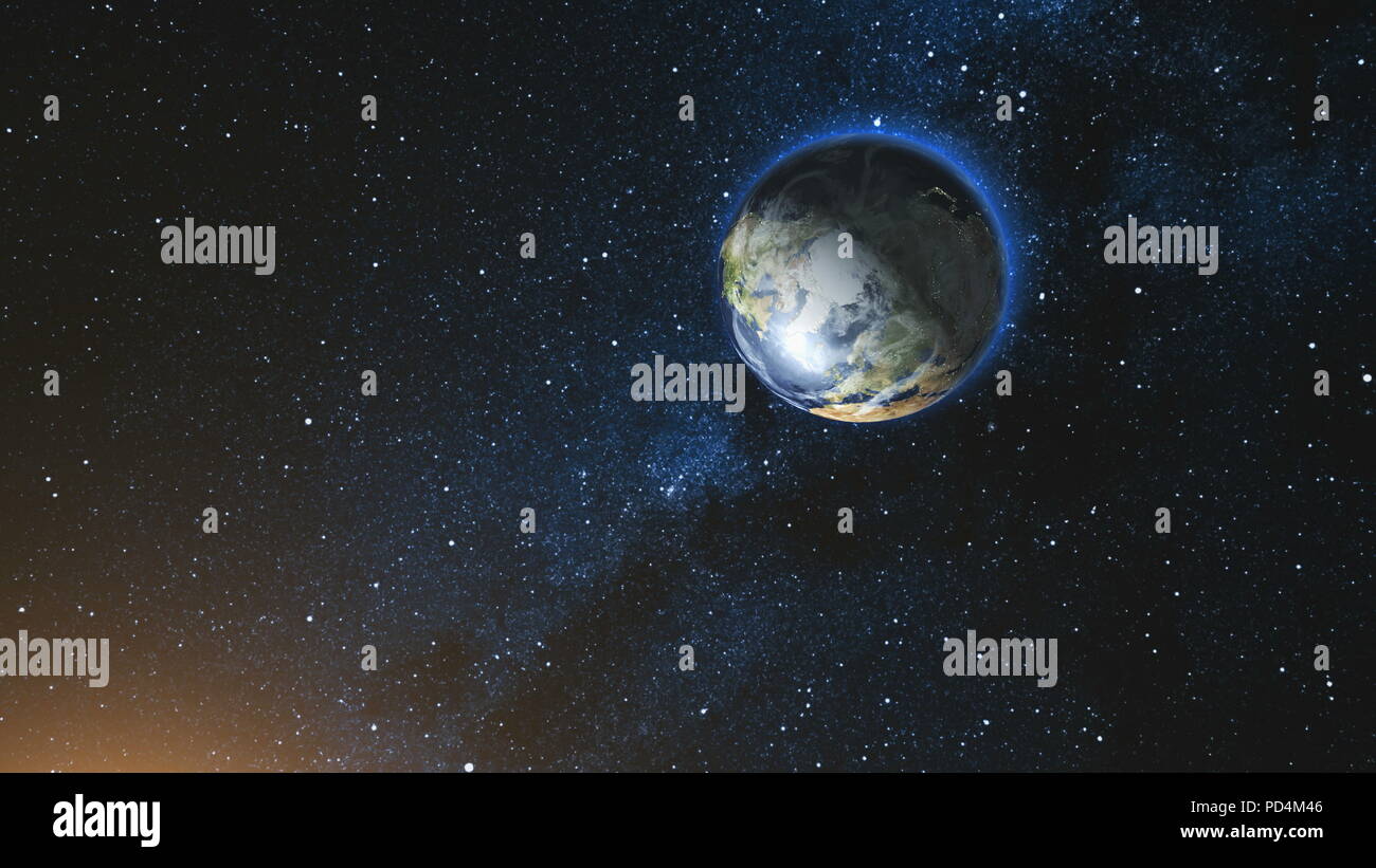 Vista dallo spazio sul pianeta terra e sole stella rotante sul suo asse in nero universo. Via Lattea in background. Seamless loop con il giorno e la notte le luci della città cambia. Elementi di immagine fornita dalla NASA Foto Stock