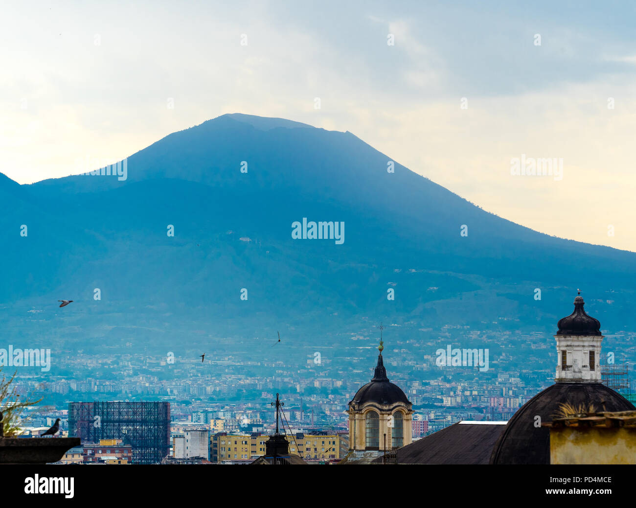 Vista la mattina del Vesuvio su Napoli tetti, a cupola e le guglie, uccelli in silhouette Foto Stock