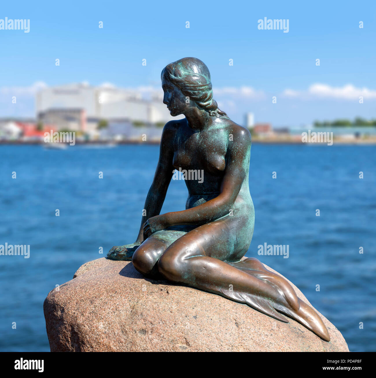 La Sirenetta di Copenaghen. Den Lille Havfrue, una statua da Edvard Eriksen, Langelinie promenade, Copenhagen, Danimarca Foto Stock