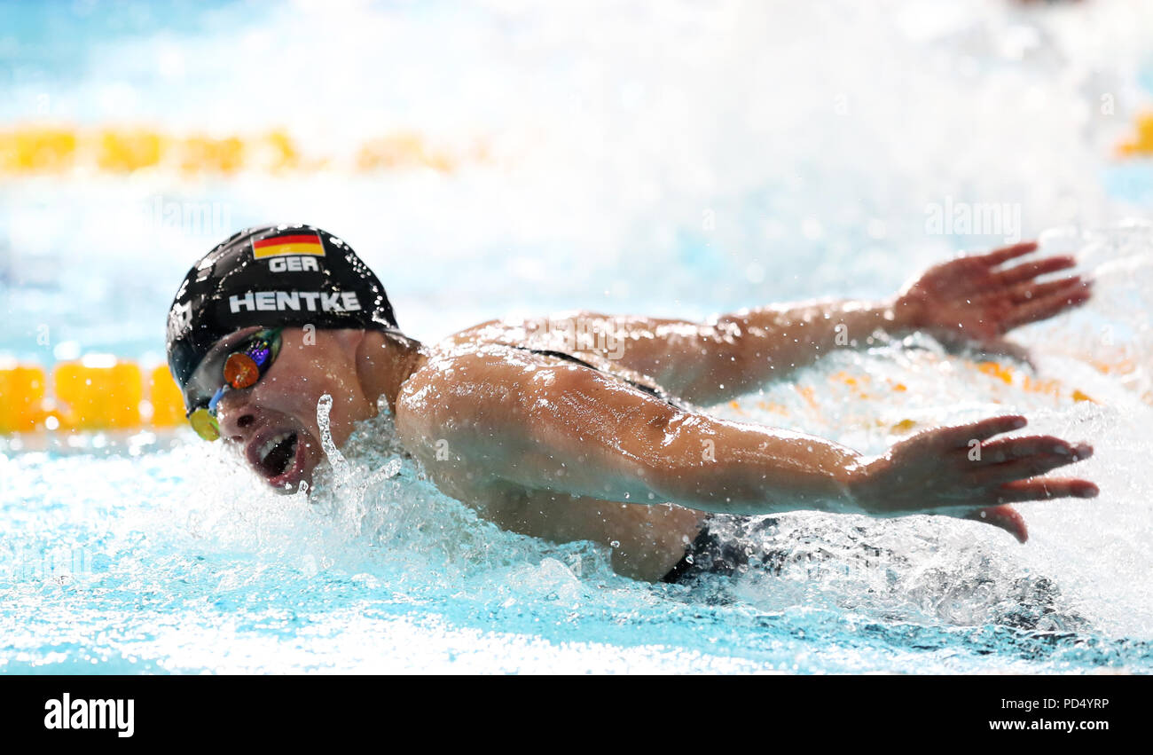 La Germania Franziska Hentke nelle Donne 200m Butterfly final durante il giorno cinque del 2018 Campionati Europei a Tollcross International centro nuoto, Glasgow Foto Stock