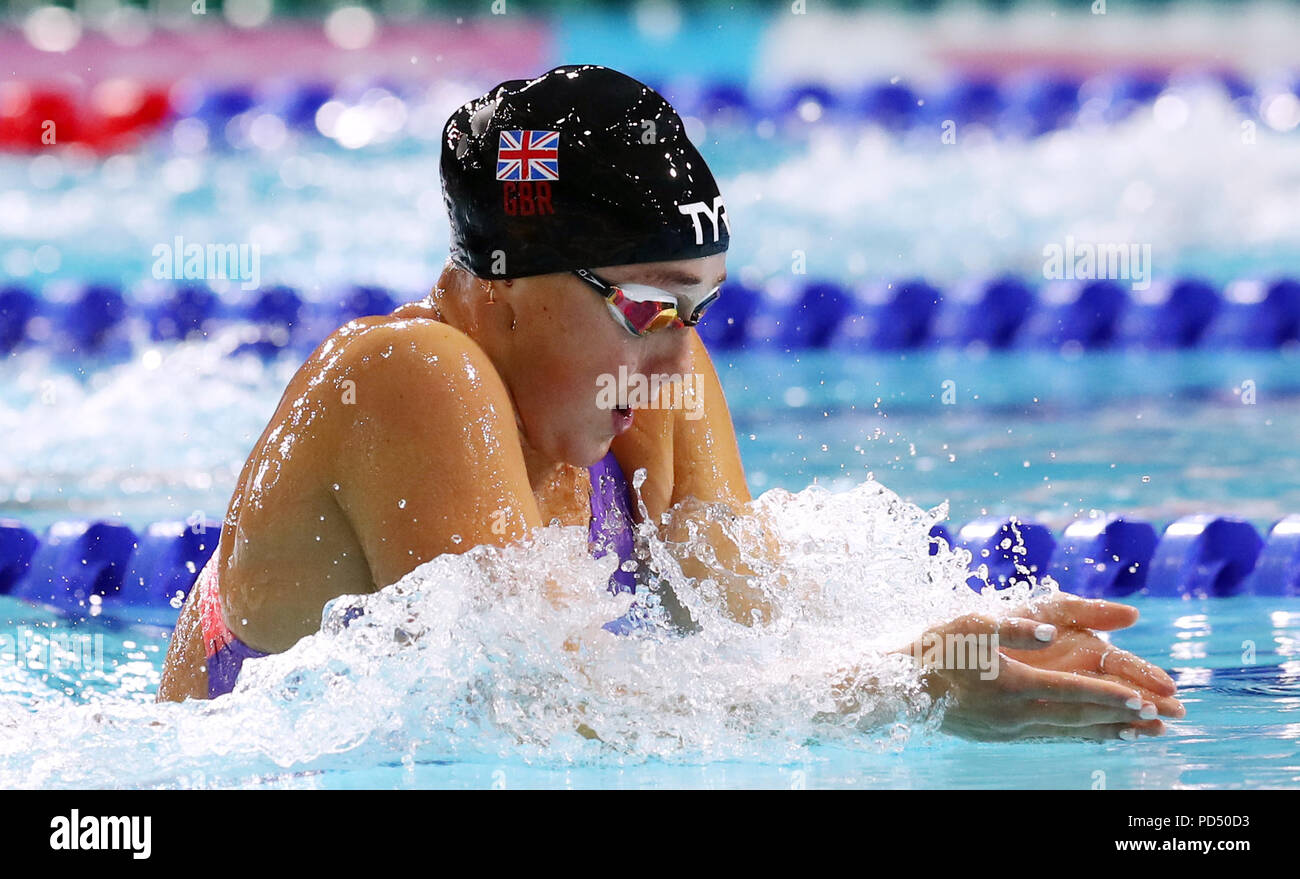 Gran Bretagna Chloe Tutton nel femminile 200m a rana primo semi-finale durante il giorno cinque del 2018 Campionati Europei a Tollcross International centro nuoto, Glasgow. Foto Stock