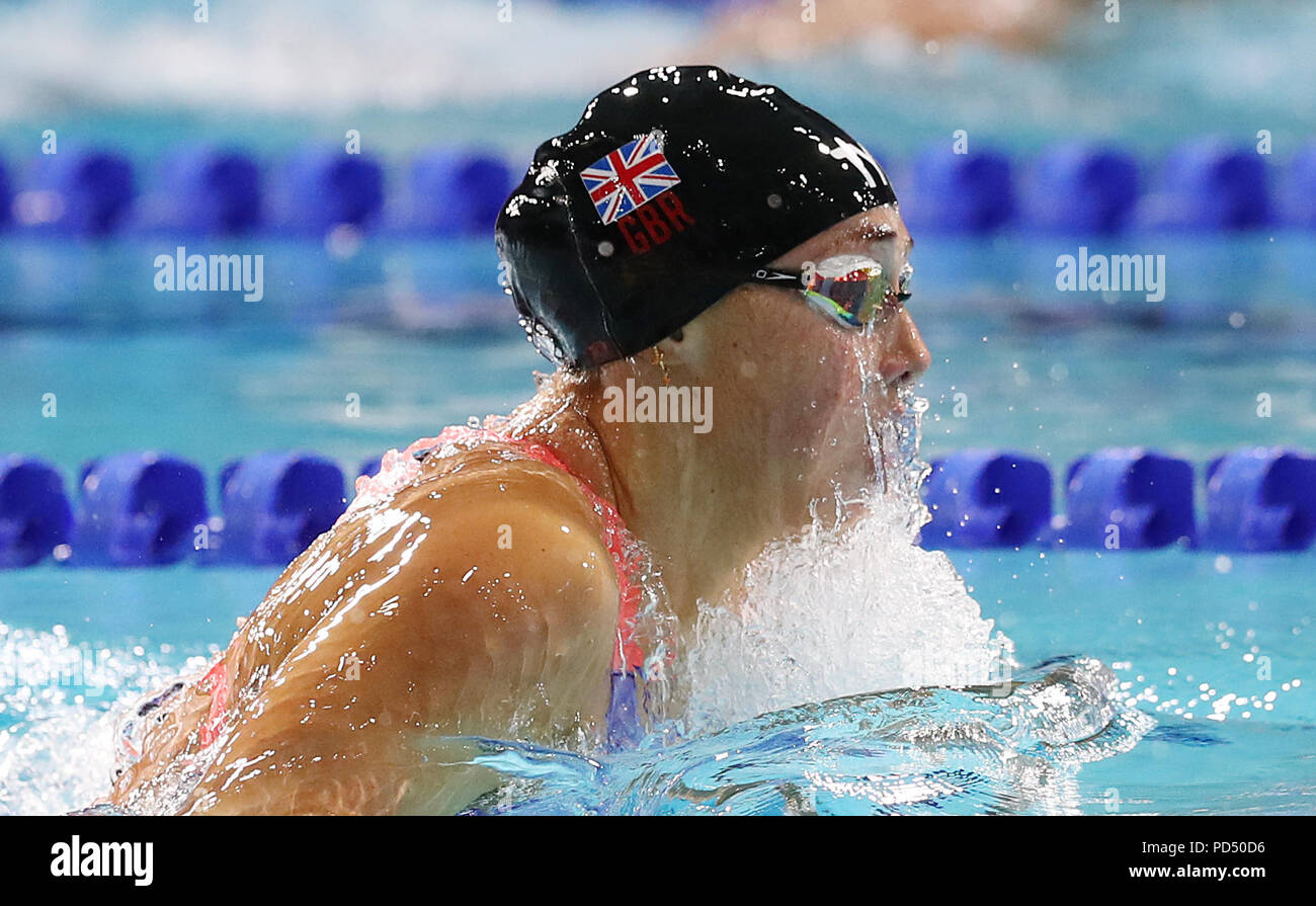 Gran Bretagna Chloe Tutton nel femminile 200m a rana primo semi-finale durante il giorno cinque del 2018 Campionati Europei a Tollcross International centro nuoto, Glasgow. Foto Stock