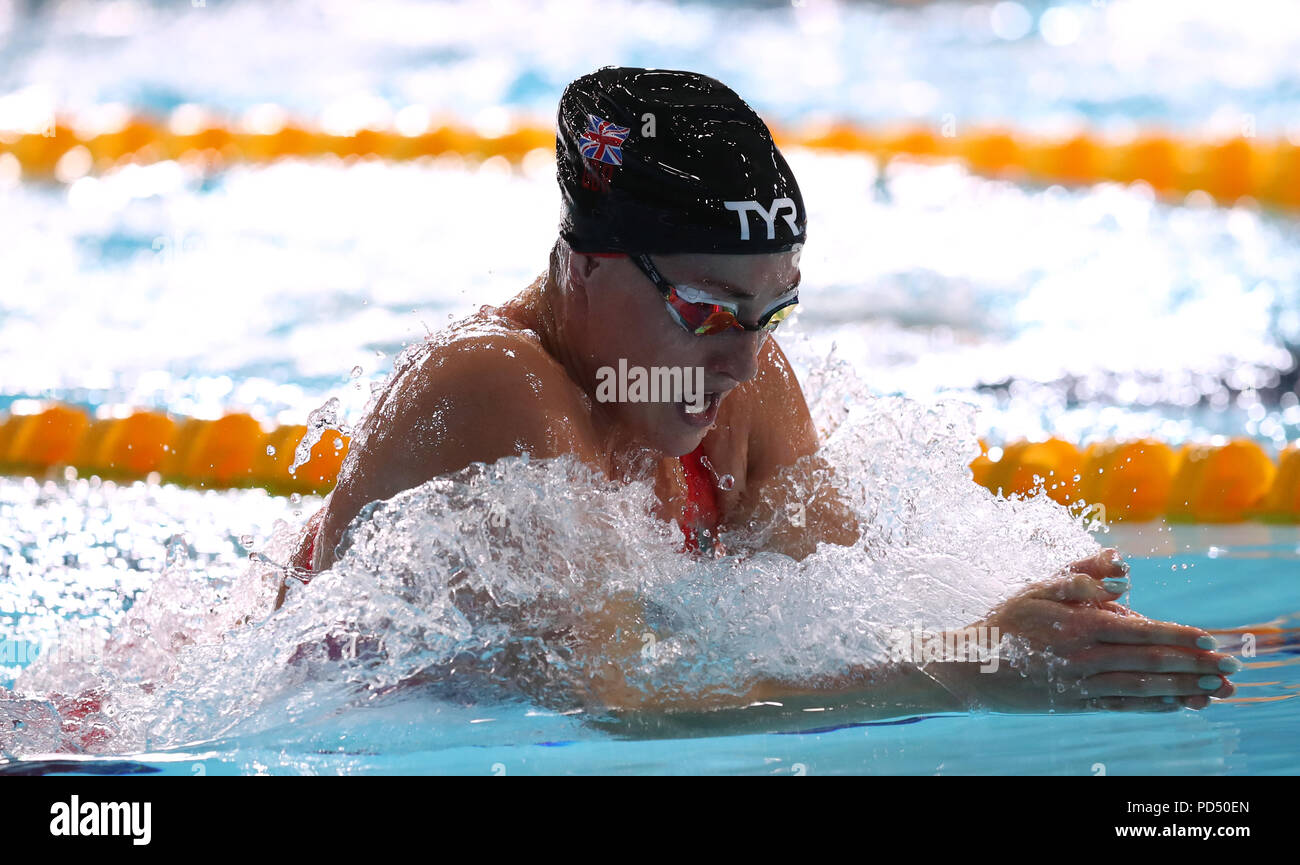Gran Bretagna Molly Renshaw in campo femminile 200m a rana secondo semi-finale durante il giorno cinque del 2018 Campionati Europei a Tollcross International centro nuoto, Glasgow Foto Stock