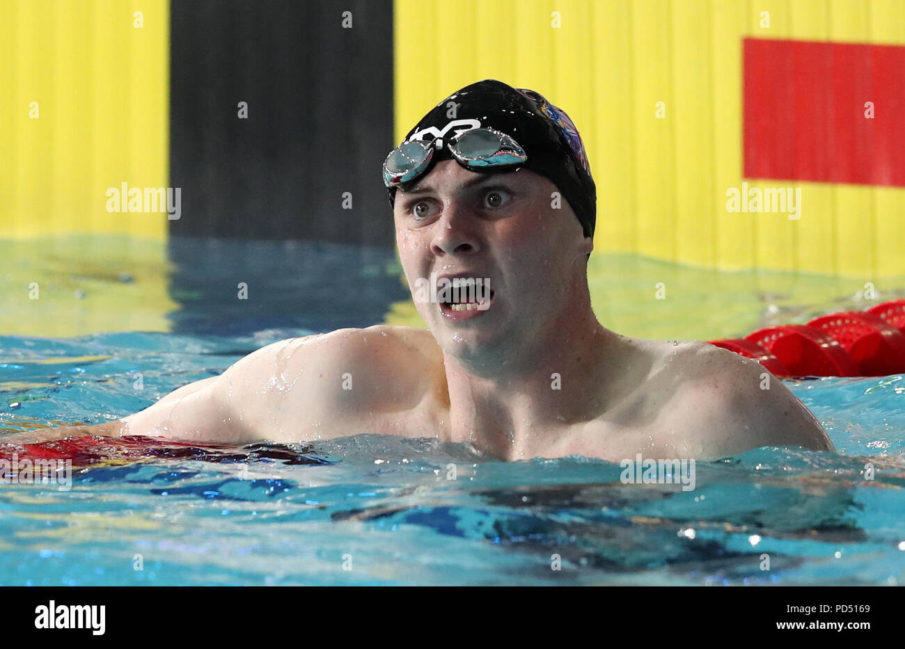Gran Bretagna Ross Murdoch reagisce dopo aver terminato quarto in Uomini 200m Finale a rana durante il giorno cinque del 2018 Campionati Europei a Tollcross International centro nuoto, Glasgow. Foto Stock