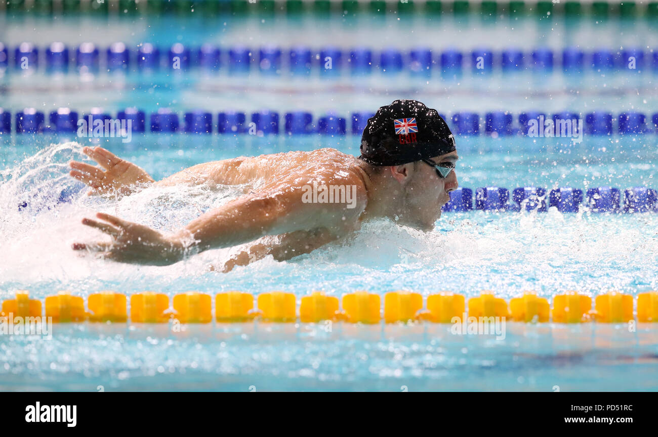 Gran Bretagna James Guy in 4x100m Medley relè finale mista durante il giorno cinque del 2018 Campionati Europei a Tollcross International centro nuoto, Glasgow. Foto Stock