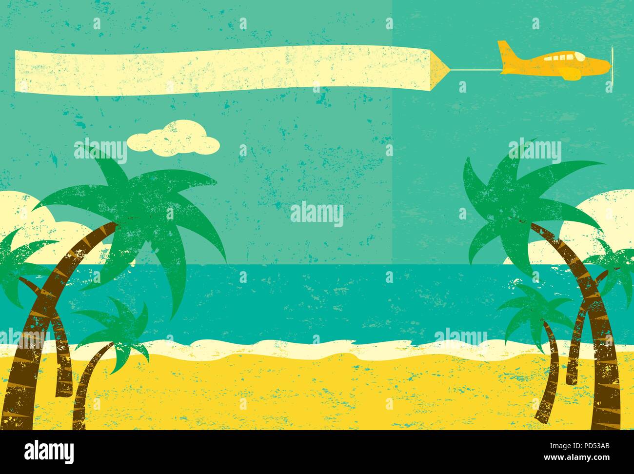 Aeroplano spiaggia pubblicità. Un aereo con un bianco di pubblicità banner su una spiaggia con palme. Illustrazione Vettoriale