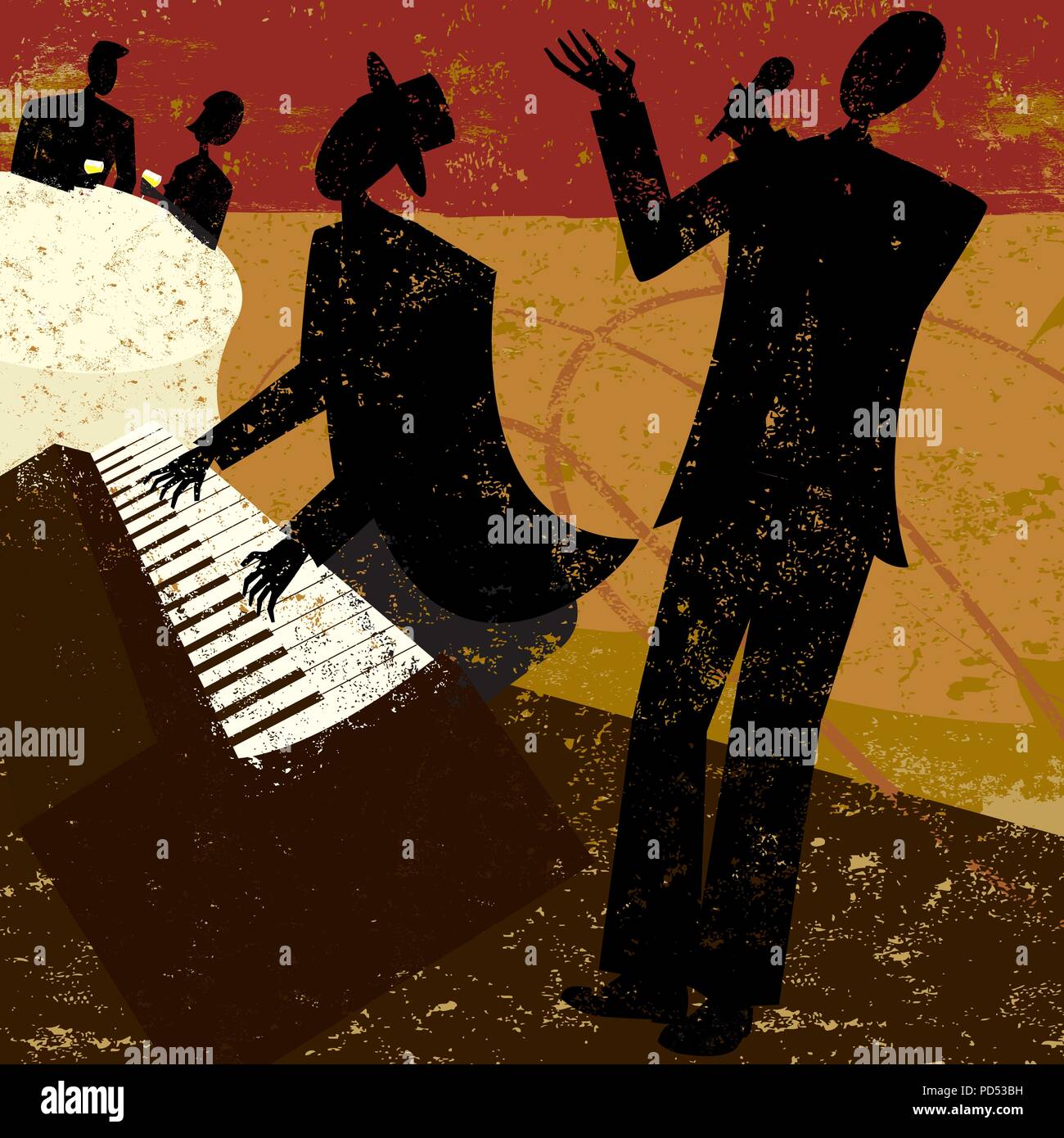 Club cantante. Un jazz club cantante con un pianoforte e un paio seduti ad un tavolo a bere un vino. Illustrazione Vettoriale