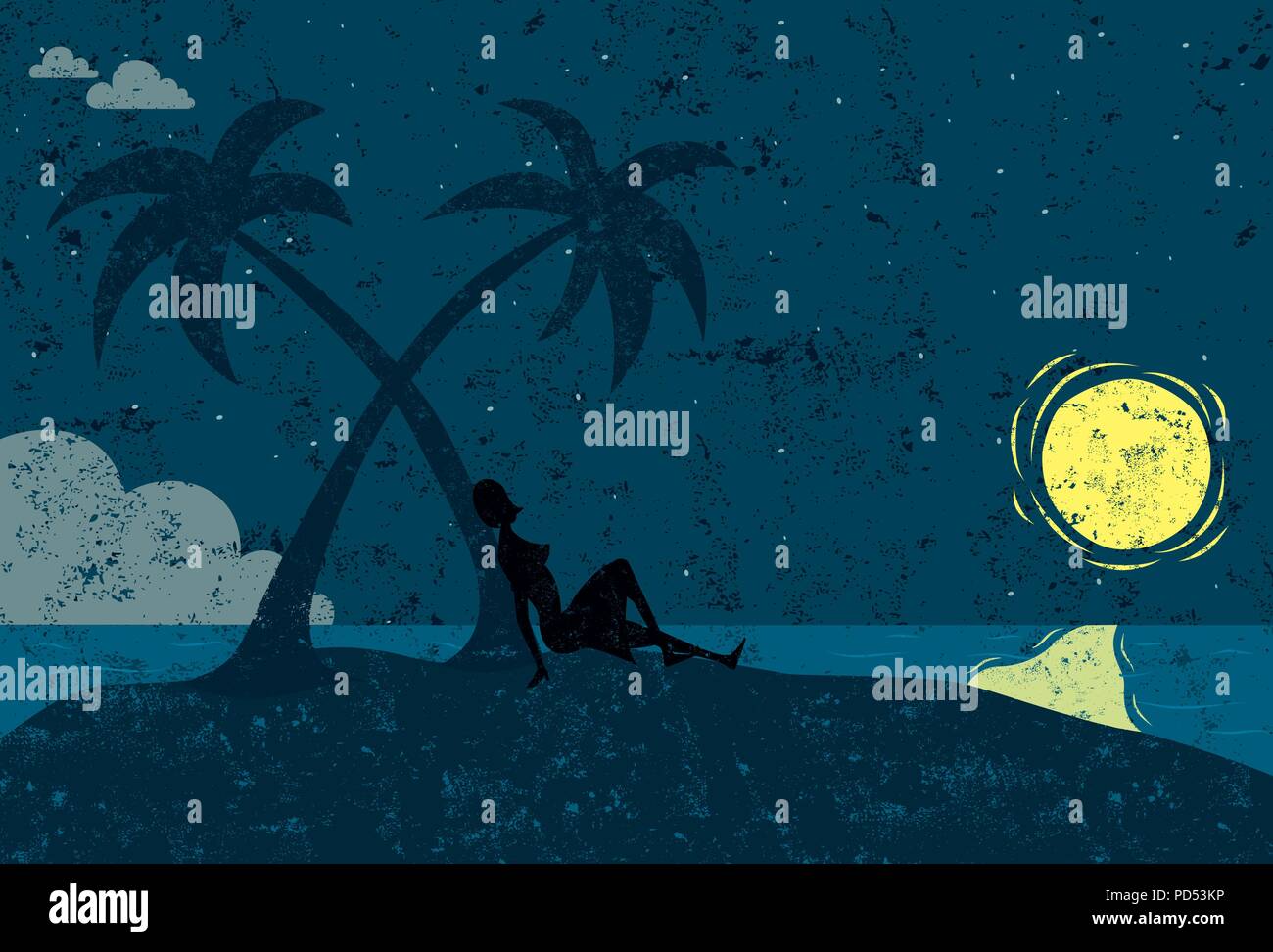 Donna su un isola. Una donna seduta accanto a un albero di palma su un isola deserta. Illustrazione Vettoriale