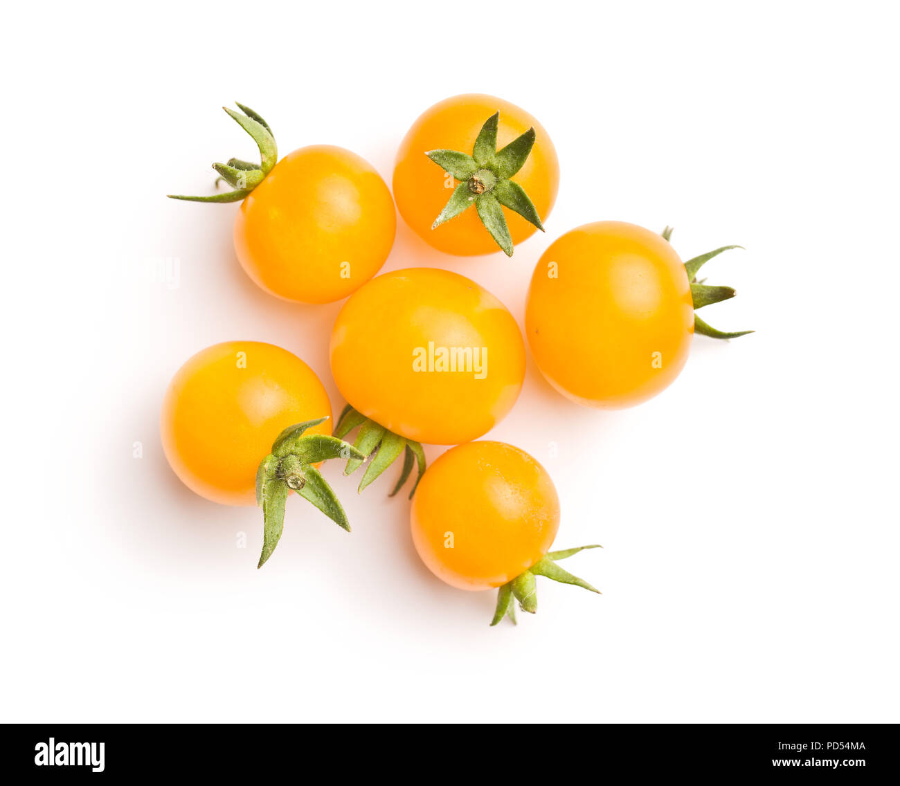Gustosi pomodori giallo isolato su sfondo bianco. Foto Stock