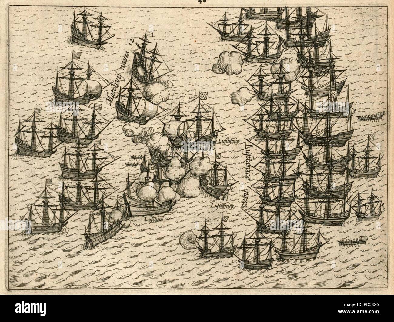 Battaglia per Malacca tra la flotta di VOC e del portoghese, 1606. Foto Stock