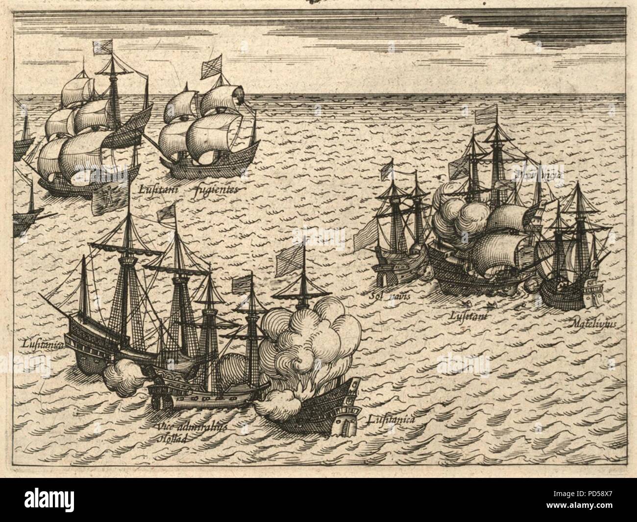 Battaglia per Malacca tra la flotta di VOC e del portoghese, 1606. Foto Stock