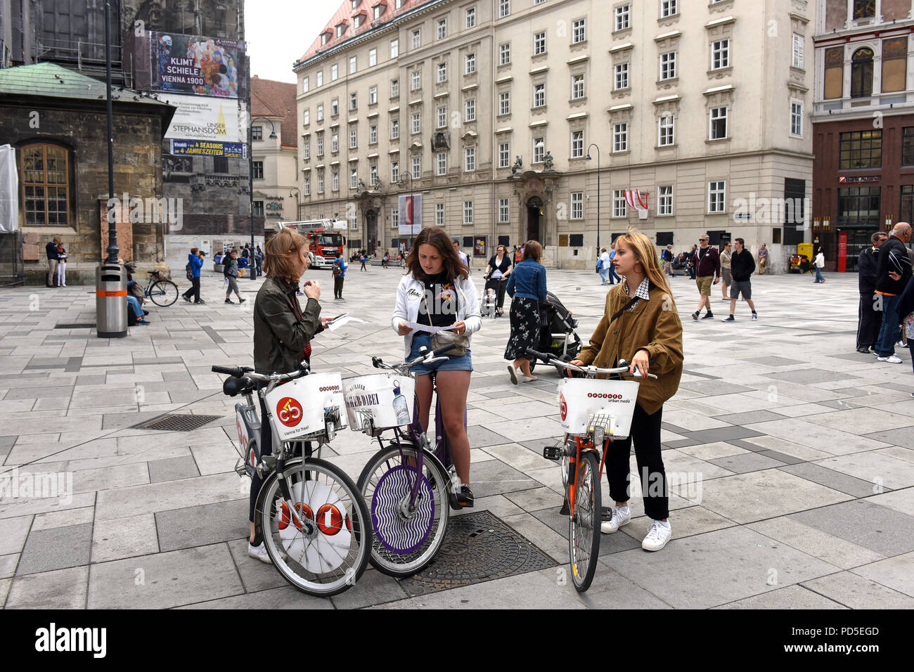 Ragazze turisti su biciclette a noleggio a Vienna, in Austria Foto Stock