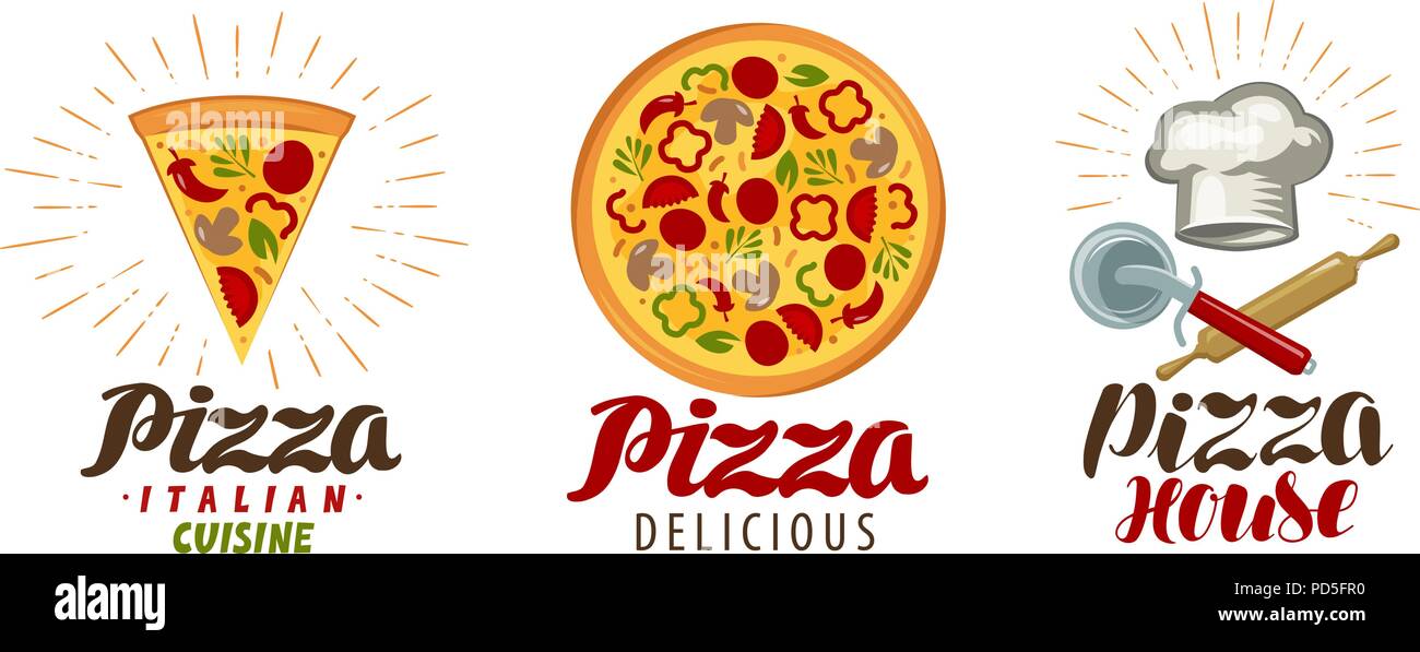 Pizza, pizzeria logo o icona. Etichette per il design del menu di ristorante o bar. Illustrazione di vettore isolato su sfondo bianco Illustrazione Vettoriale
