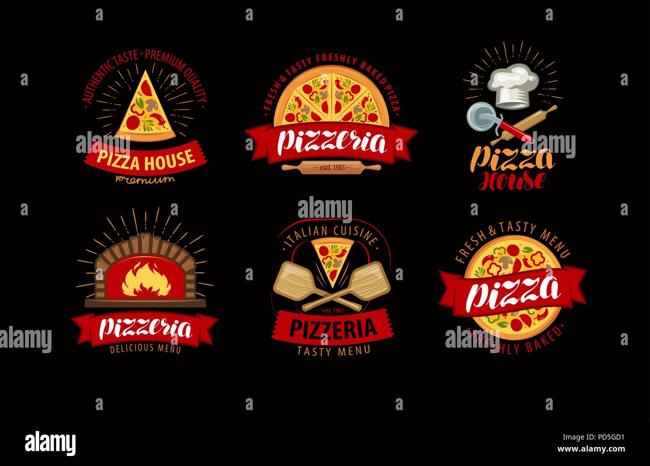 Pizza, pizzeria logo o icona. elemento per il design del menu di ristorante o bar Illustrazione Vettoriale