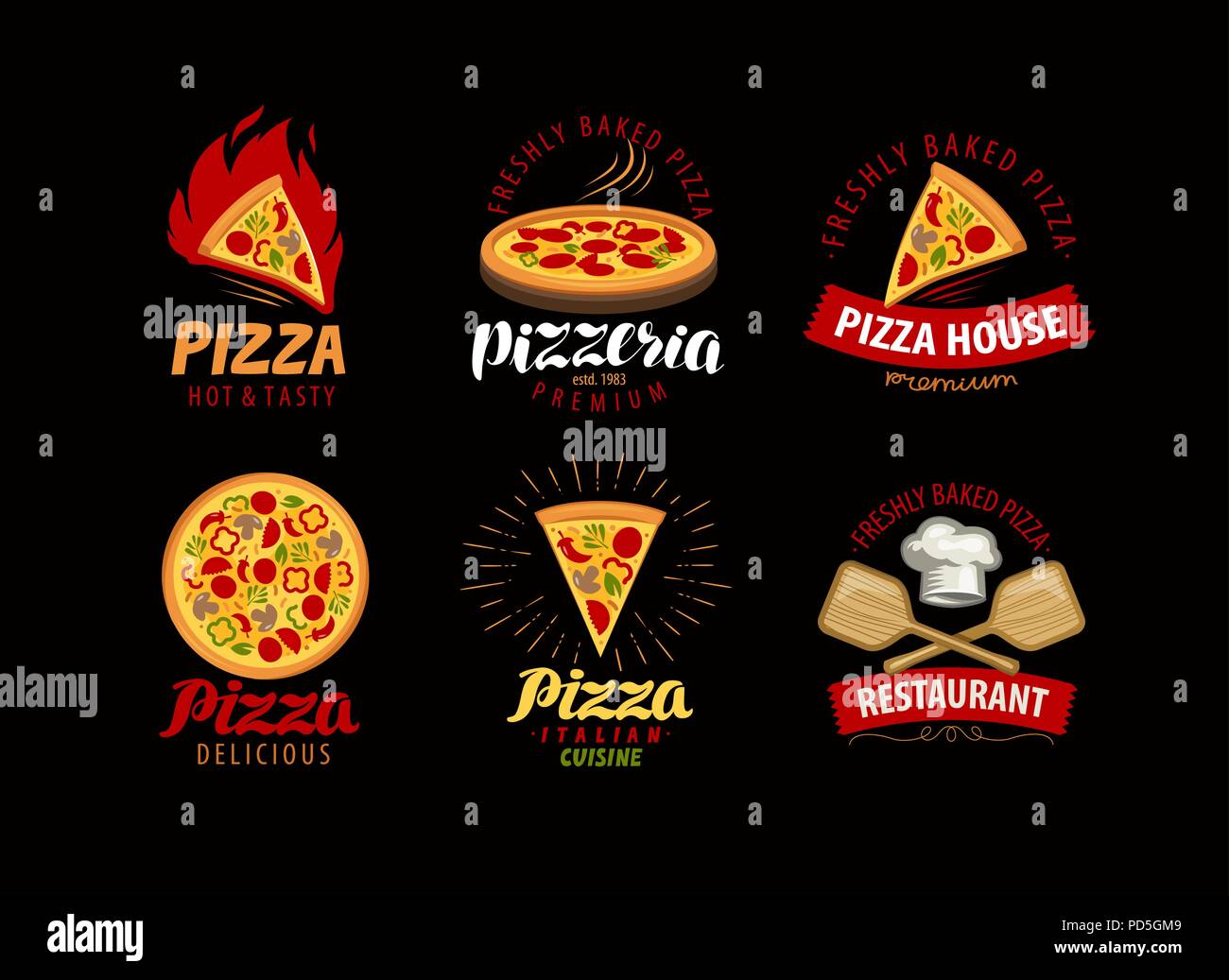 Pizza, pizzeria etichetta o di un logo. Elementi di design del menu di ristorante Illustrazione Vettoriale
