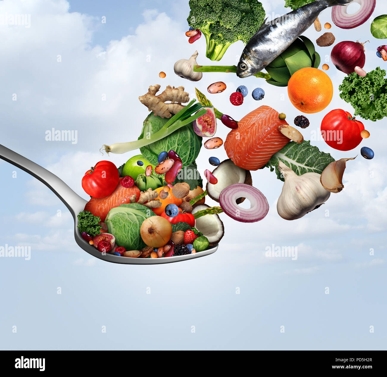 Stile di vita sano concetto e buona fitness attivo che vivono con un cucchiaio di mercato di contenimento di alimenti freschi con 3D rendering di elementi. Foto Stock