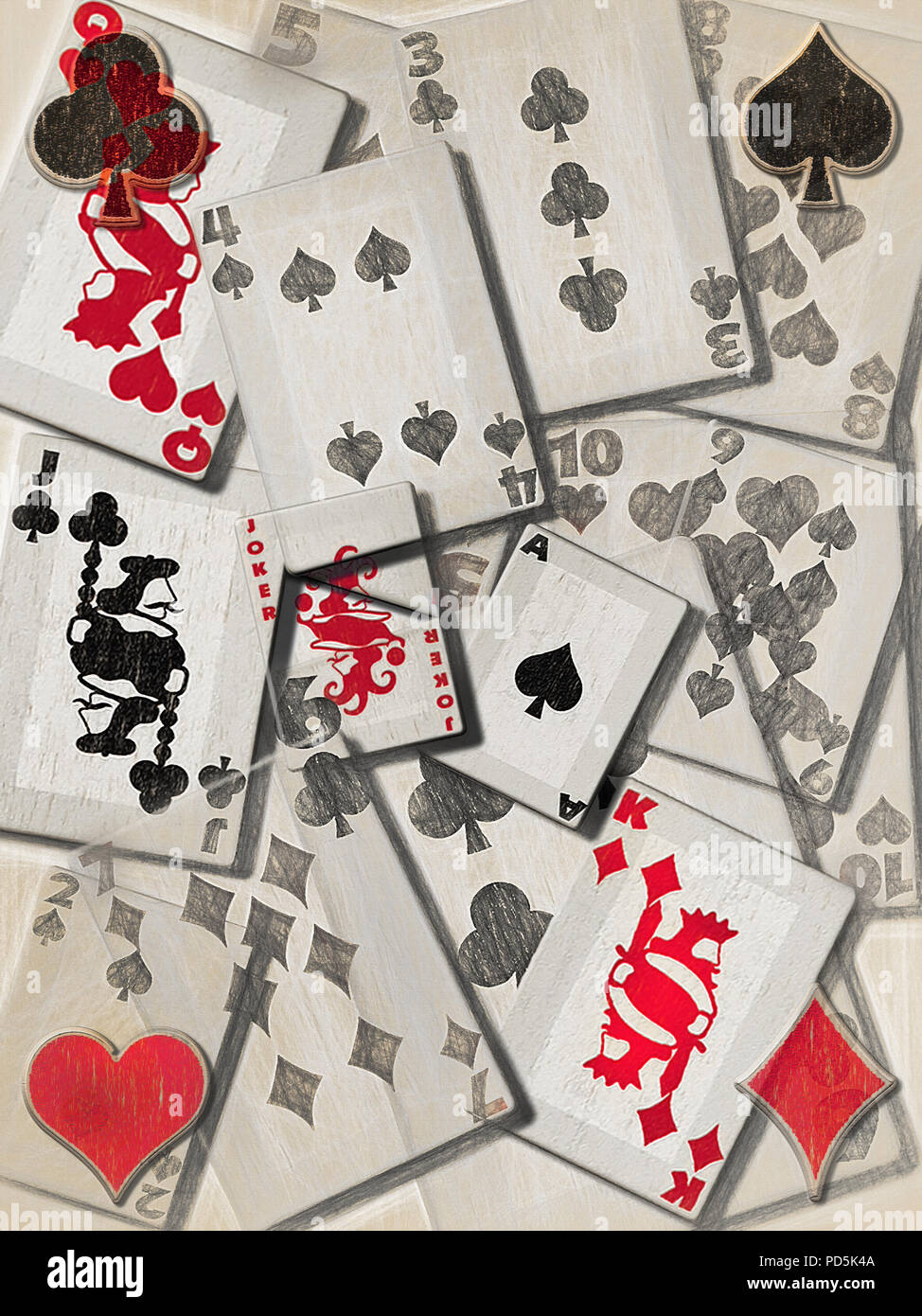 Varie carte da gioco da tutti e 4 i vestiti e da deuce to Ace e Joker come bene, sono sovrapposti, disposti e in stile per un astratto eff artistica Foto Stock