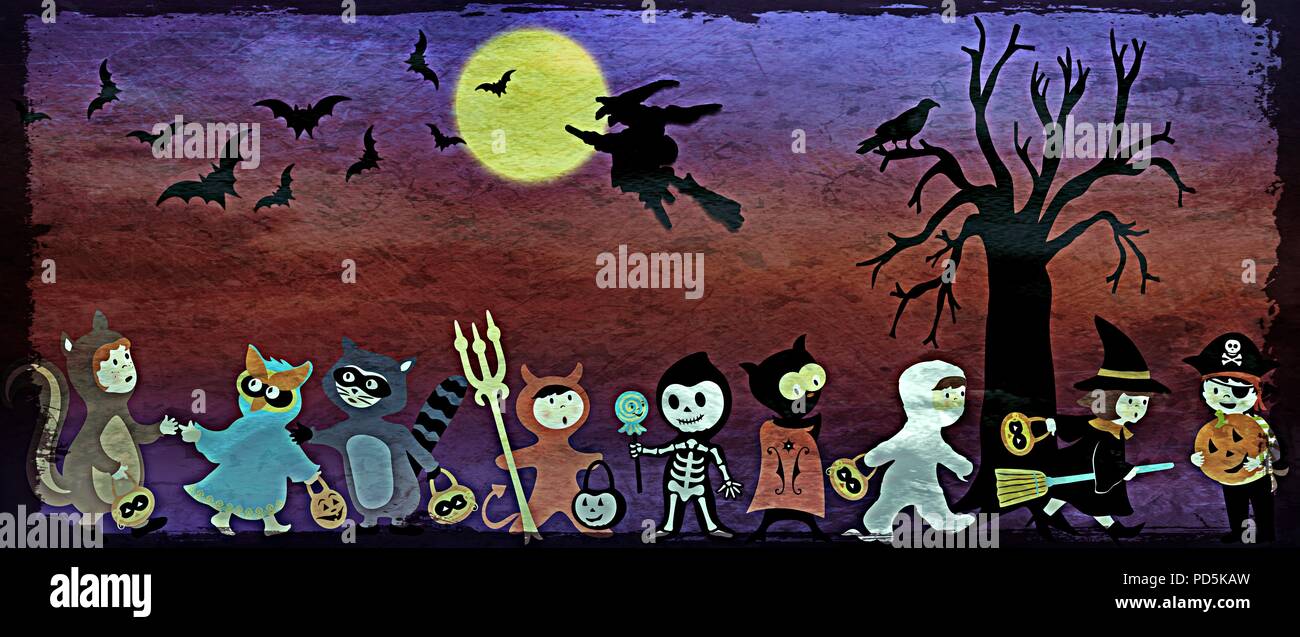 Un divertente e nostalgico assumere la tradizione di Halloween di trucco o trattare. Foto Stock