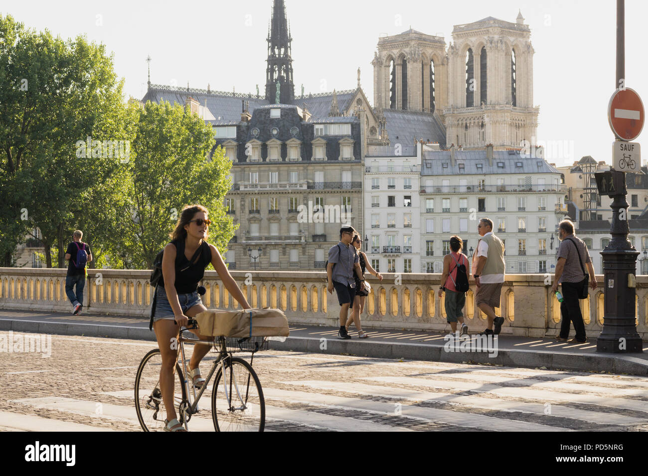 Parigi ciclismo scena di strada - una donna in bicicletta su Louis Philippe bridge a Parigi, in Francia, in Europa. Foto Stock