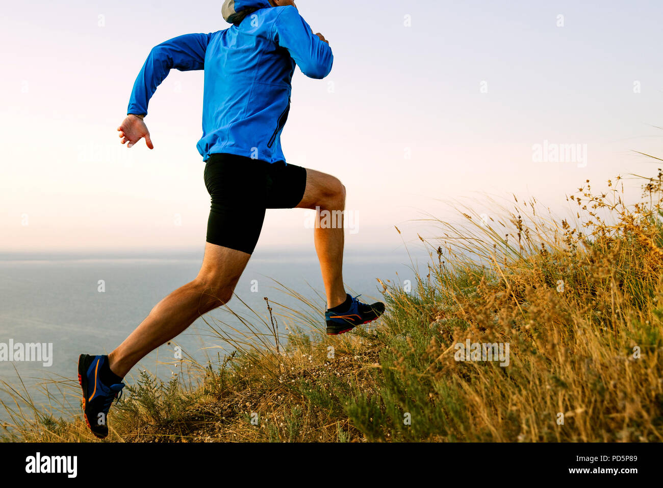 Atleta maschio runner Corsa montagna su sentiero Foto Stock