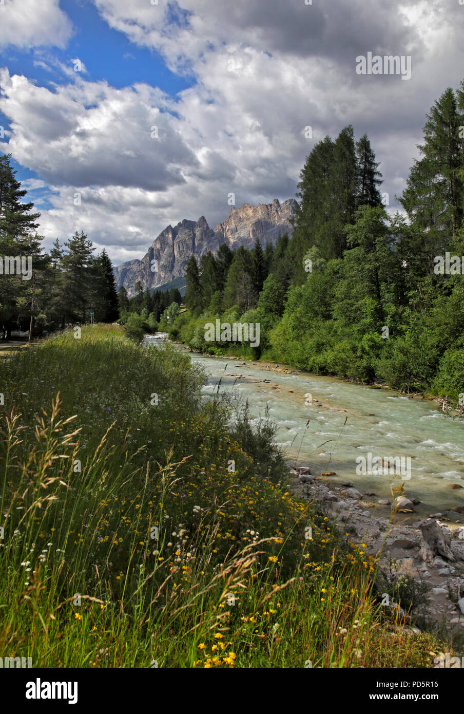 Massiccio del Pomagagnon e il torrente Boite a Cortina d'Ampezzo, Dolomiti, Italia Foto Stock