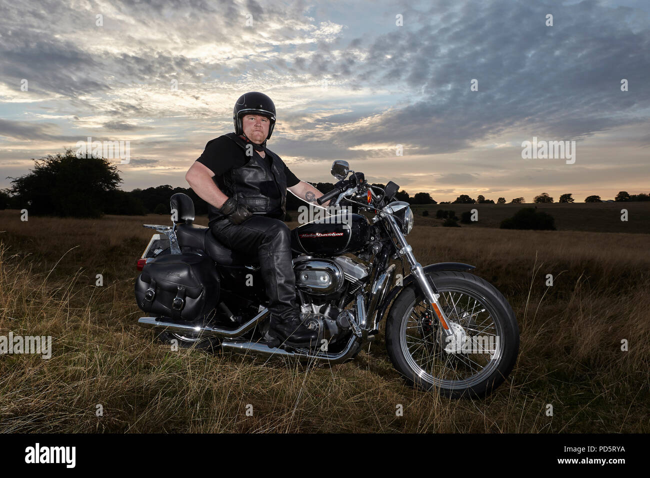 Rivestito in pelle biker in posa per un servizio fotografico sul suo custom Harley Davidson XL883 Sportster basso cruiser motociclo, sul Beverley westwood, East Riding Foto Stock