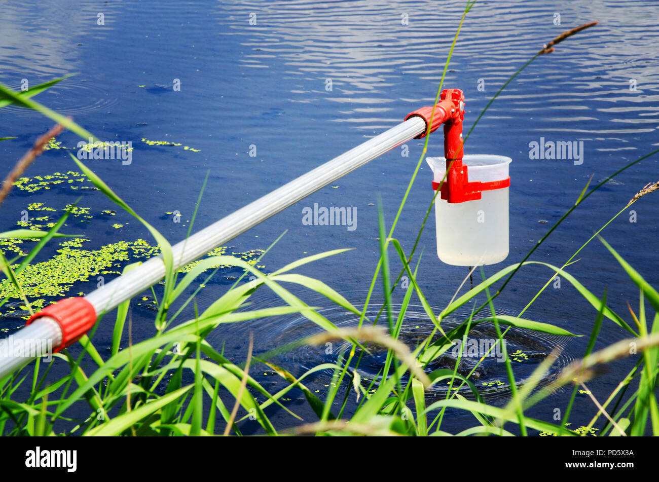 Prelevare campioni di acqua per le prove di laboratorio. Il concetto - analisi della purezza dell'acqua, ambiente, ecologia. Foto Stock