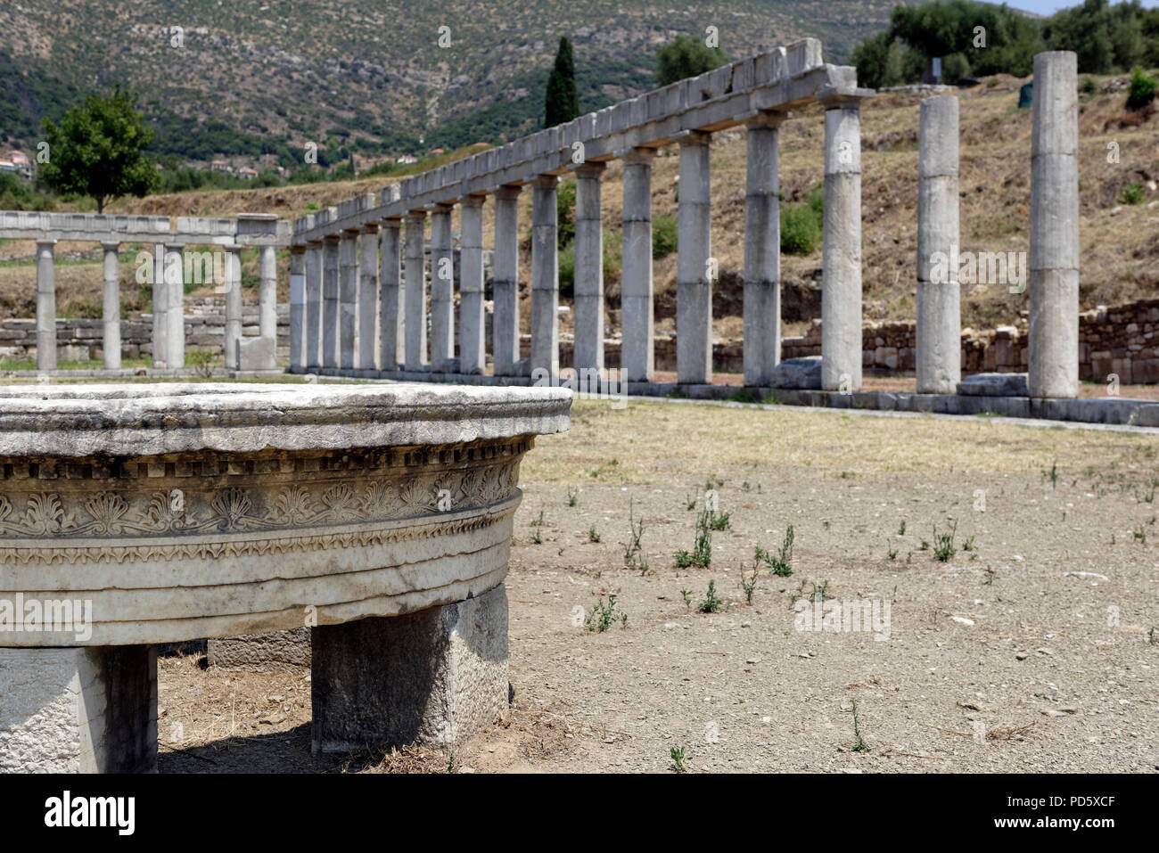 Vista della pietra calderone circolare con sculture ornate in rilievo allo stadio e palestra complesso antica Messene. Peloponneso. La Grecia. Antica Foto Stock