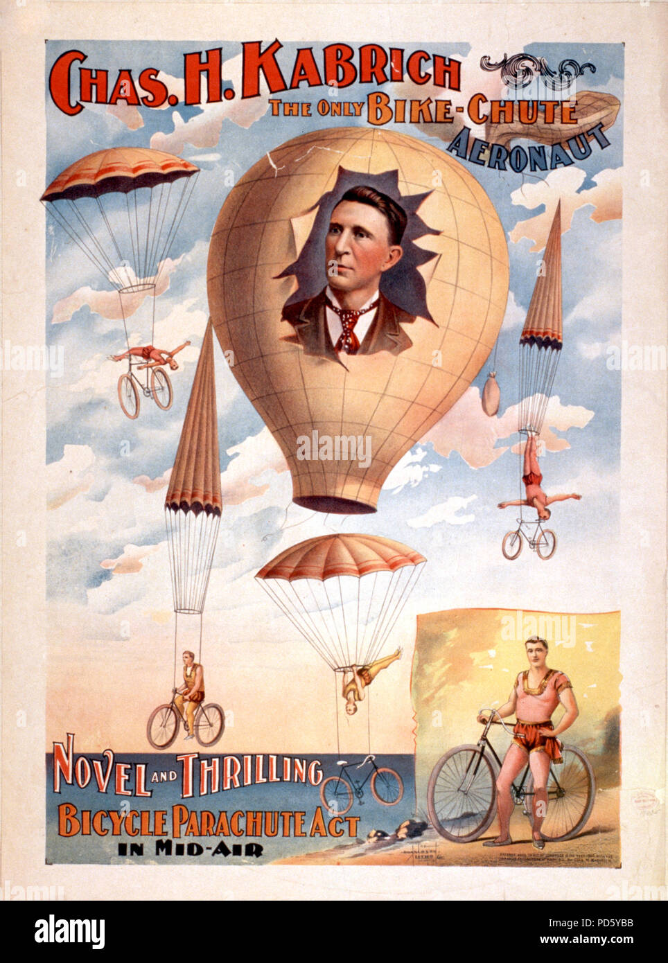 Chas. H. Kabrich, il solo moto-scivolo aeronaut nuovi ed emozionanti, paracadute di bicicletta atto a mezz'aria. ca 1896 Foto Stock
