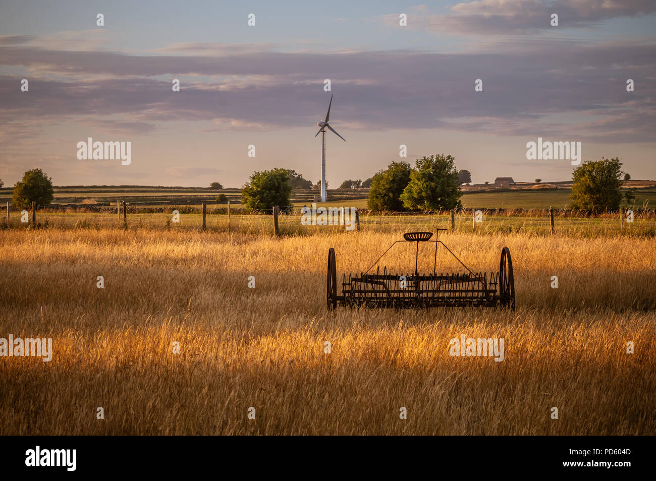 La vecchia e la nuova tecnologia. Il fieno rastrello e la turbina eolica in Staffordshire campo gli agricoltori al tramonto. Foto Stock