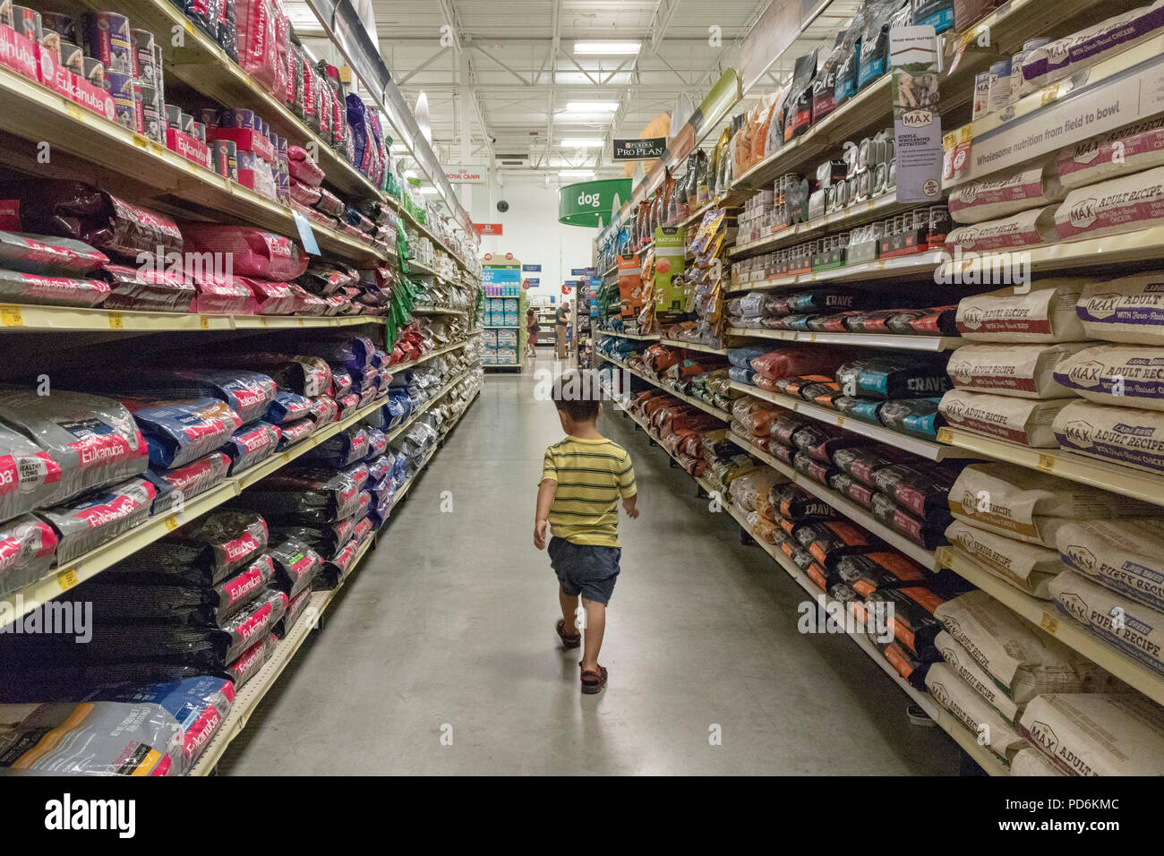 Il toddler percorrendo a piedi il cibo per cani corsia, PetSmart pet store, Kennewick, Washington, Stati Uniti d'America Foto Stock