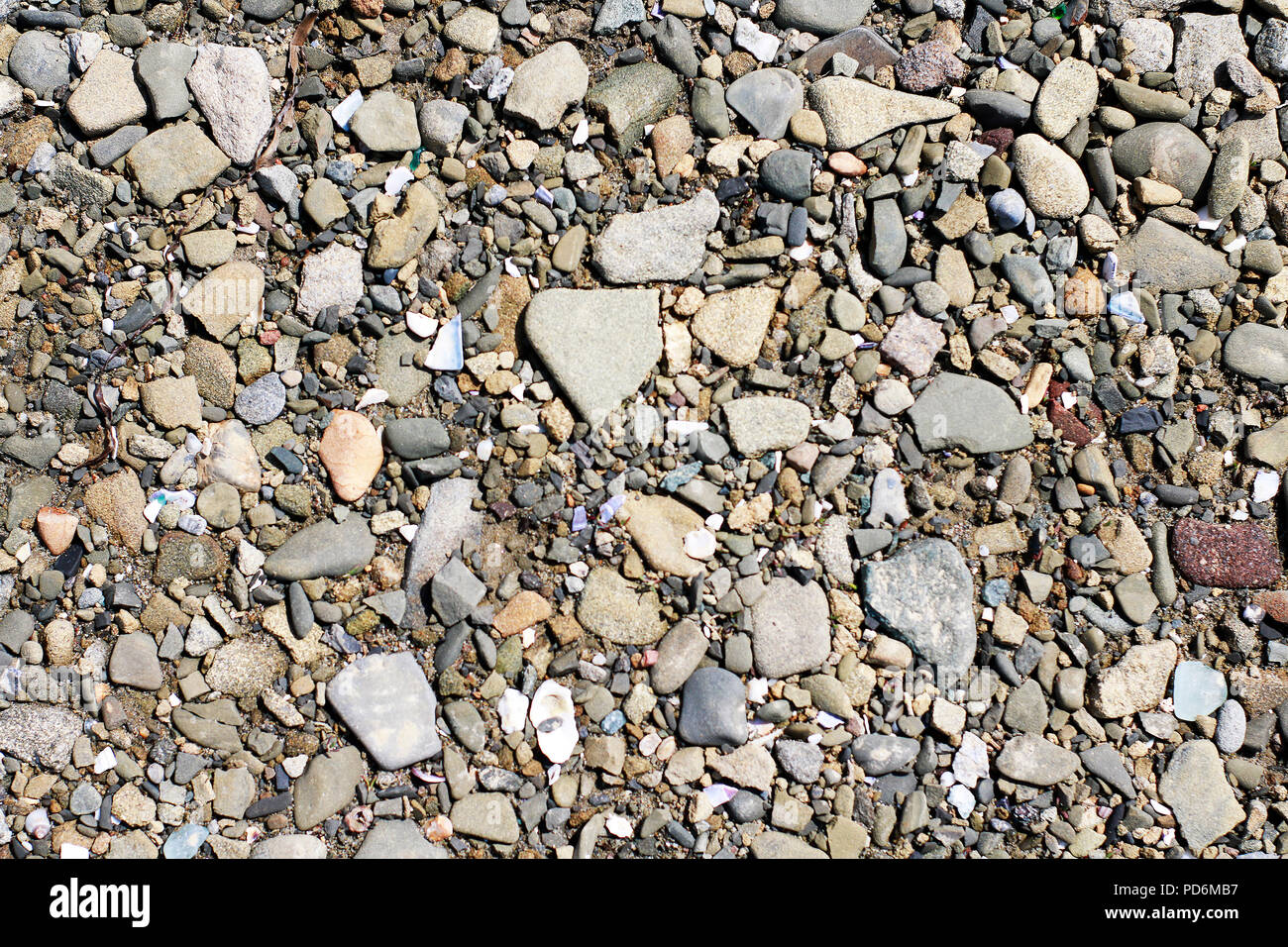 Una vista ravvicinata di levigata liscia multicolore e dimensioni diverse pietre si è incagliata sulla spiaggia sfondo. Modello astratto con spazio per il testo Foto Stock
