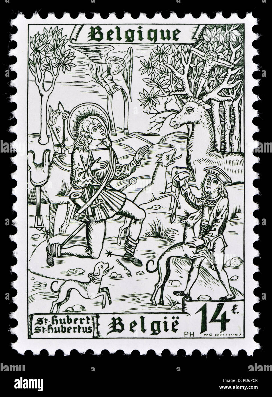 Belga di francobollo (1977) : Saint Hubertus / Hubert (c. 656 - 727) divenne Vescovo di Liegi nel 708 d.c. Ha detto di aver visto un crocifisso tra la antle Foto Stock