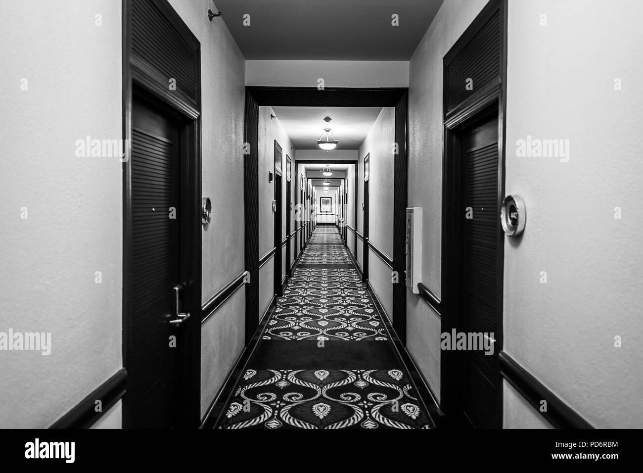 Hotel corridoio monocromatica Foto Stock