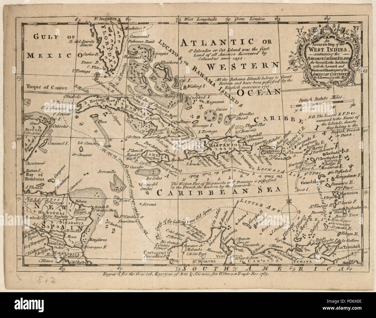 Una mappa accurata delle Indie Occidentali contenente il Bahama & Caribbe, Isole Grandi e Piccole Antille con il Leward e isole Windward & parte del continente americano Foto Stock