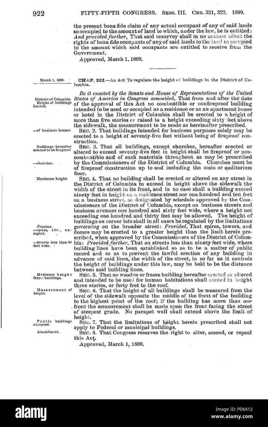 Un atto a regolare l'altezza degli edifici nel Distretto di Columbia (1899), P.L. 55-322. Foto Stock