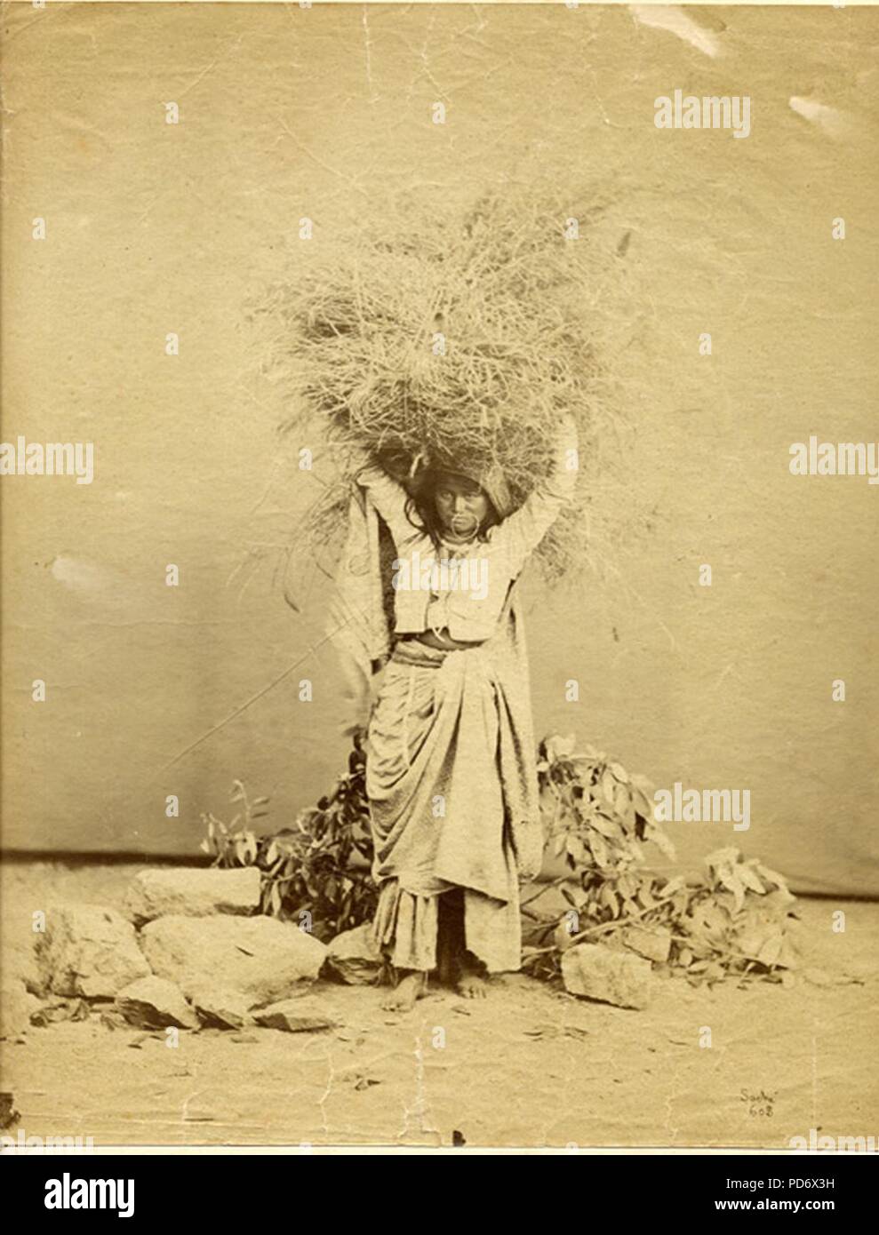 Un albume foto, poste in un studio, di una donna che porta il grano, da Sache, 1880. Foto Stock