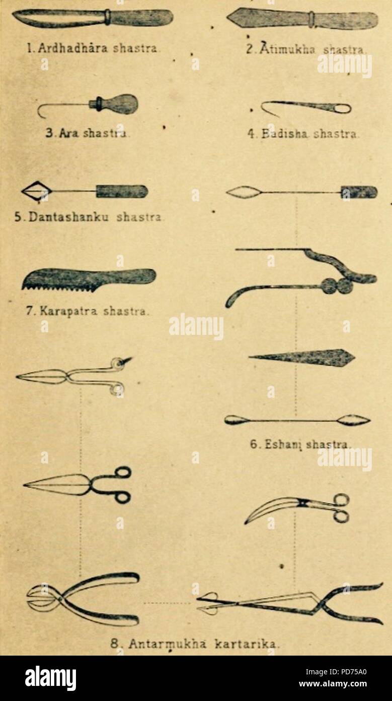 Antico testo indù Sushruta samhita shastra e kartarika, strumenti chirurgici 1 di 4. Foto Stock