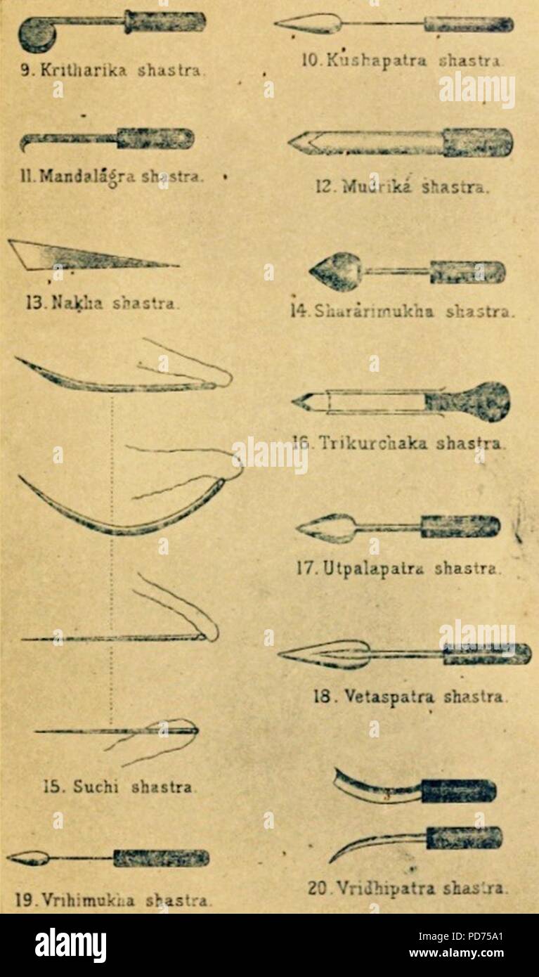 Antico testo indù Sushruta samhita shastra, strumenti chirurgici 2 di 4. Foto Stock