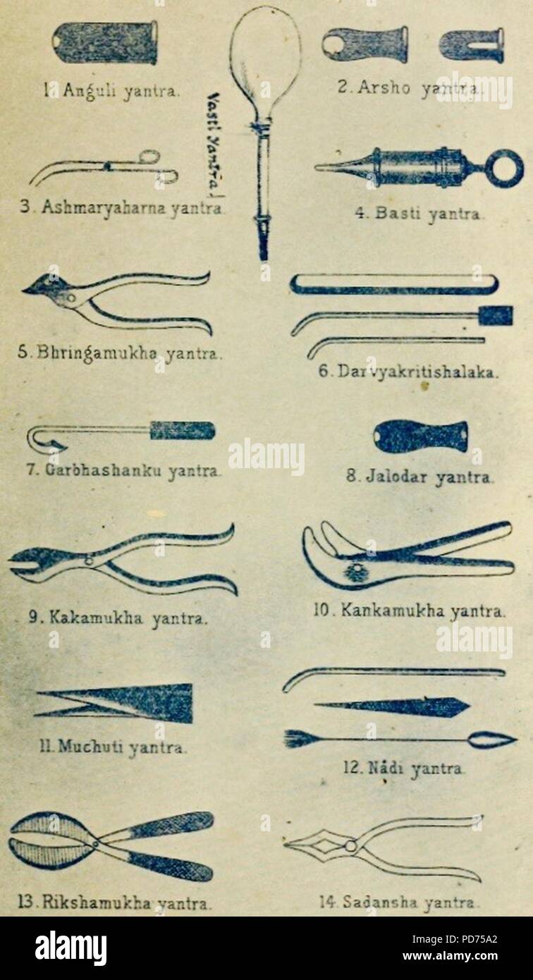 Antico testo indù Sushruta samhita yantra, strumenti chirurgici 3 di 4. Foto Stock