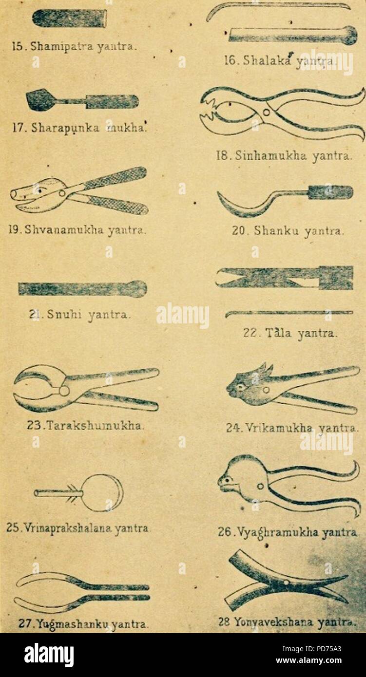 Antico testo indù Sushruta samhita yantra, strumenti chirurgici 4 di 4. Foto Stock