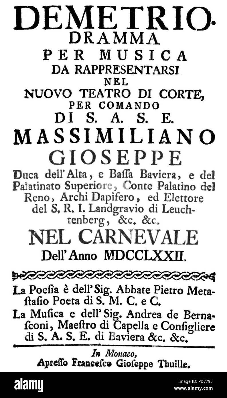 Andrea Bernasconi - Demetrio - titlepage italiano del libretto - Monaco di Baviera 1772. Foto Stock